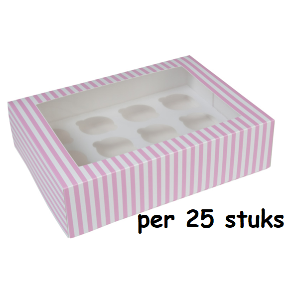 Cupcake Doosje 12x Groot Roze/wit per 25 stuks