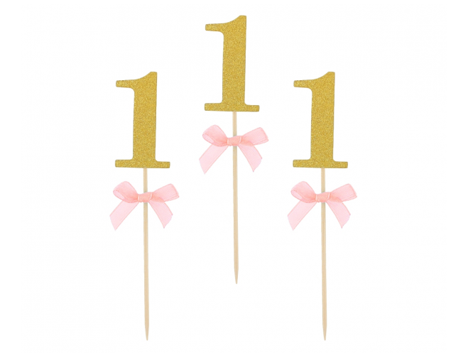 Prikkers Cijfer 1 Goud met Roze strikje 10st.**