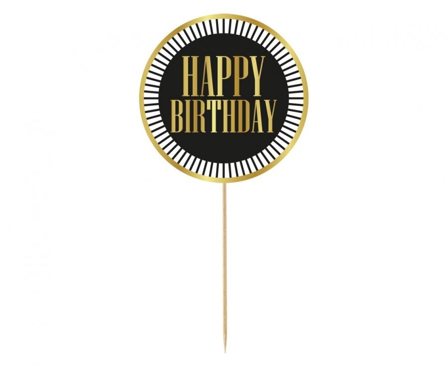 Taarttopper Happy Birthday (zwart, strepen)
