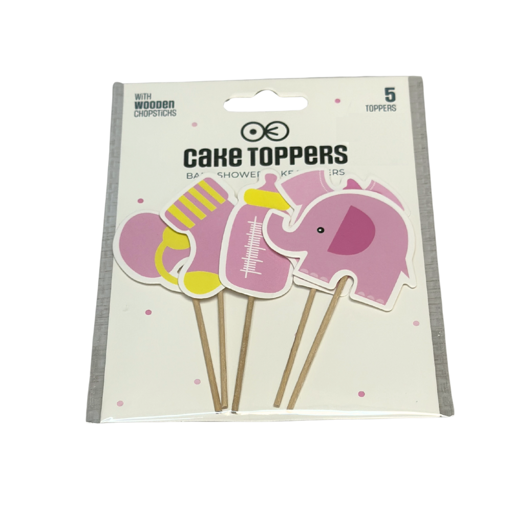 Taarttoppers Babyshower olifant roze - 5 stuks