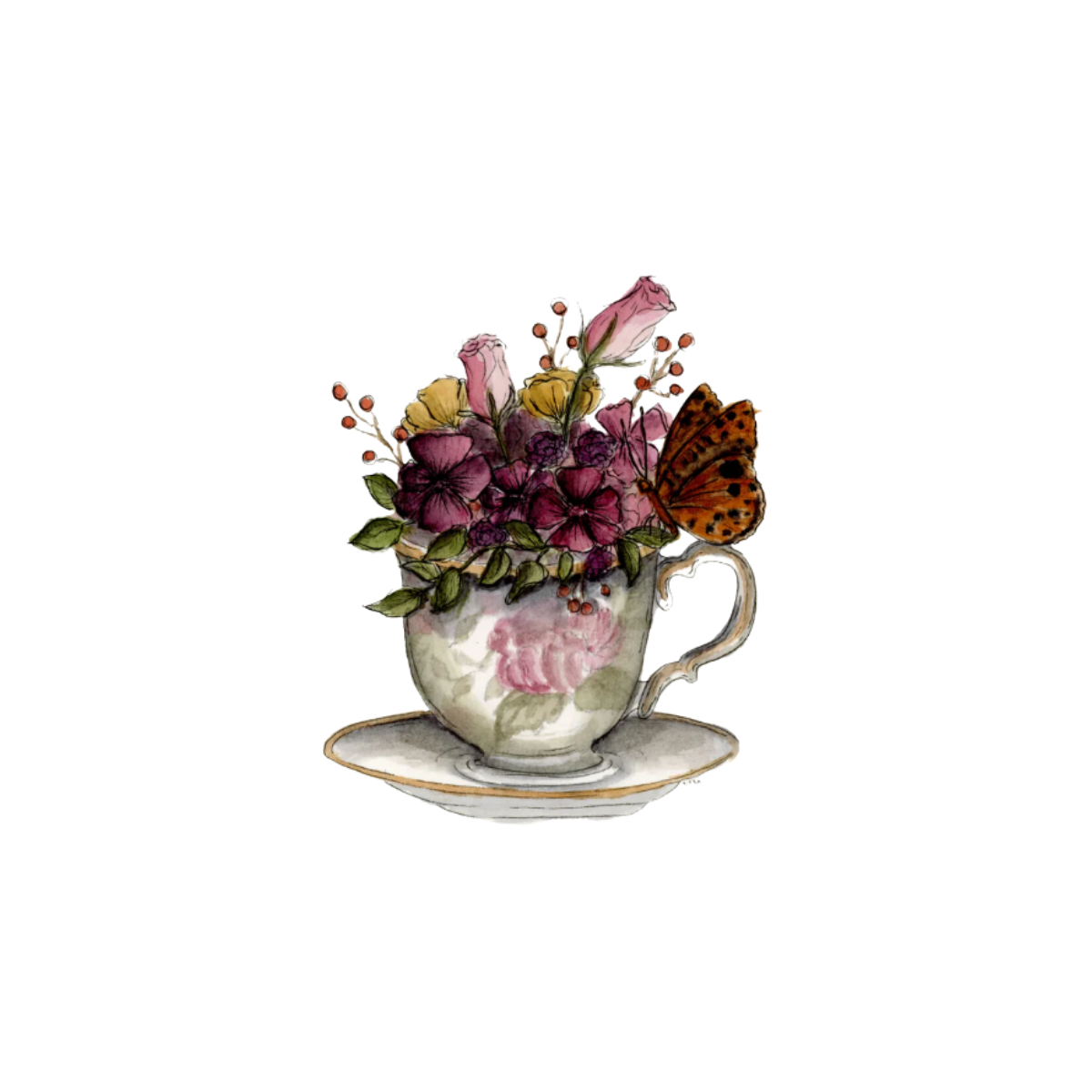 Kaart Antiek kopje bloemen en vlinder