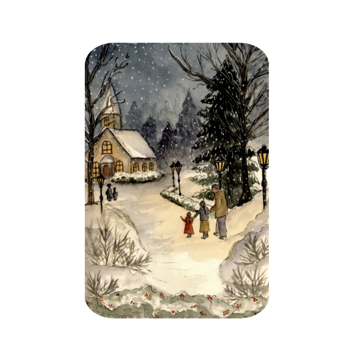 Kaart Kerst - Kerk in de sneeuw met grijze lucht